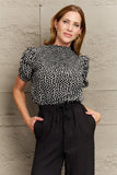 Printed Round Neck Puff Sleeve Blouse - Trendsi