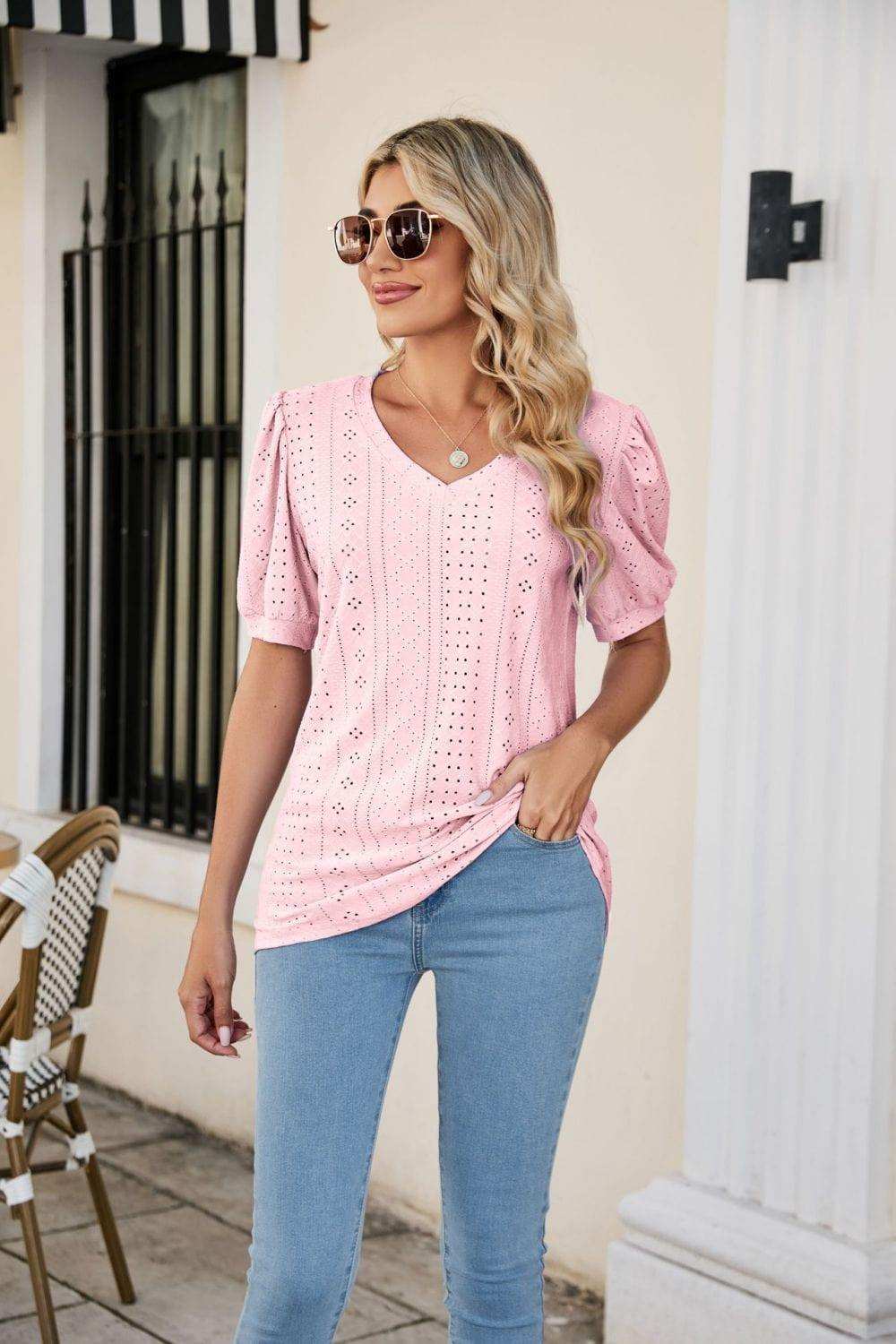 Eyelet Puff Sleeve V-Neck Top - Trendsi - Flyclothing LLC