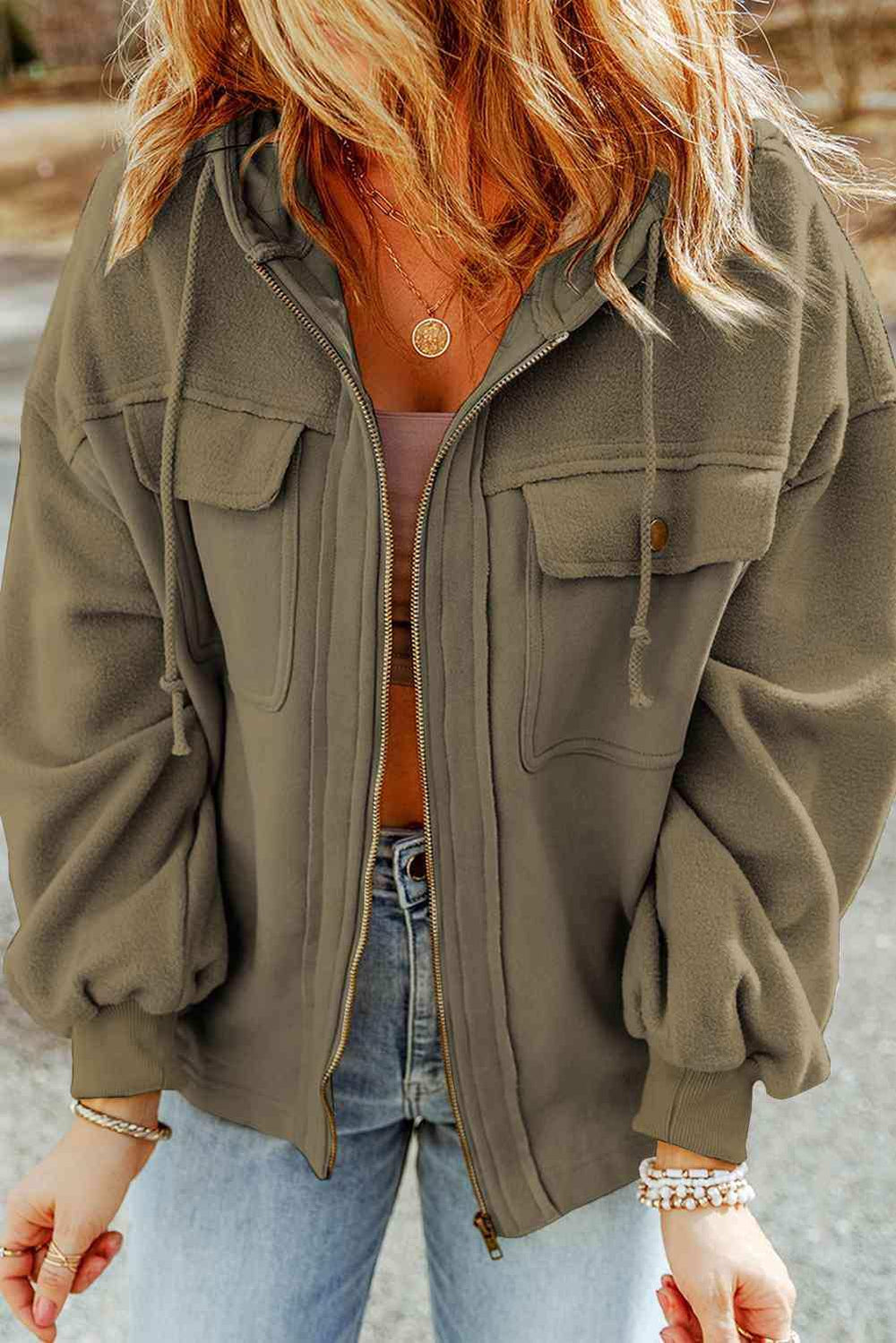 Zip-Up Drawstring Hooded Jacket - Trendsi - Flyclothing LLC