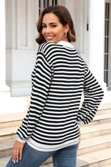 Striped Round Neck Dropped Shoulder Sweater - Trendsi - Flyclothing LLC