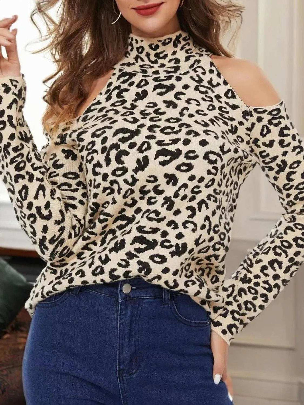 Leopard Cold-Shoulder Sweater - Trendsi - Flyclothing LLC