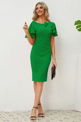 Slit Round Neck Flutter Sleeve Dress - Flyclothing LLC