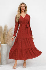 Swiss Dot Tied Surplice Flounce Sleeve Dress - Trendsi - Flyclothing LLC
