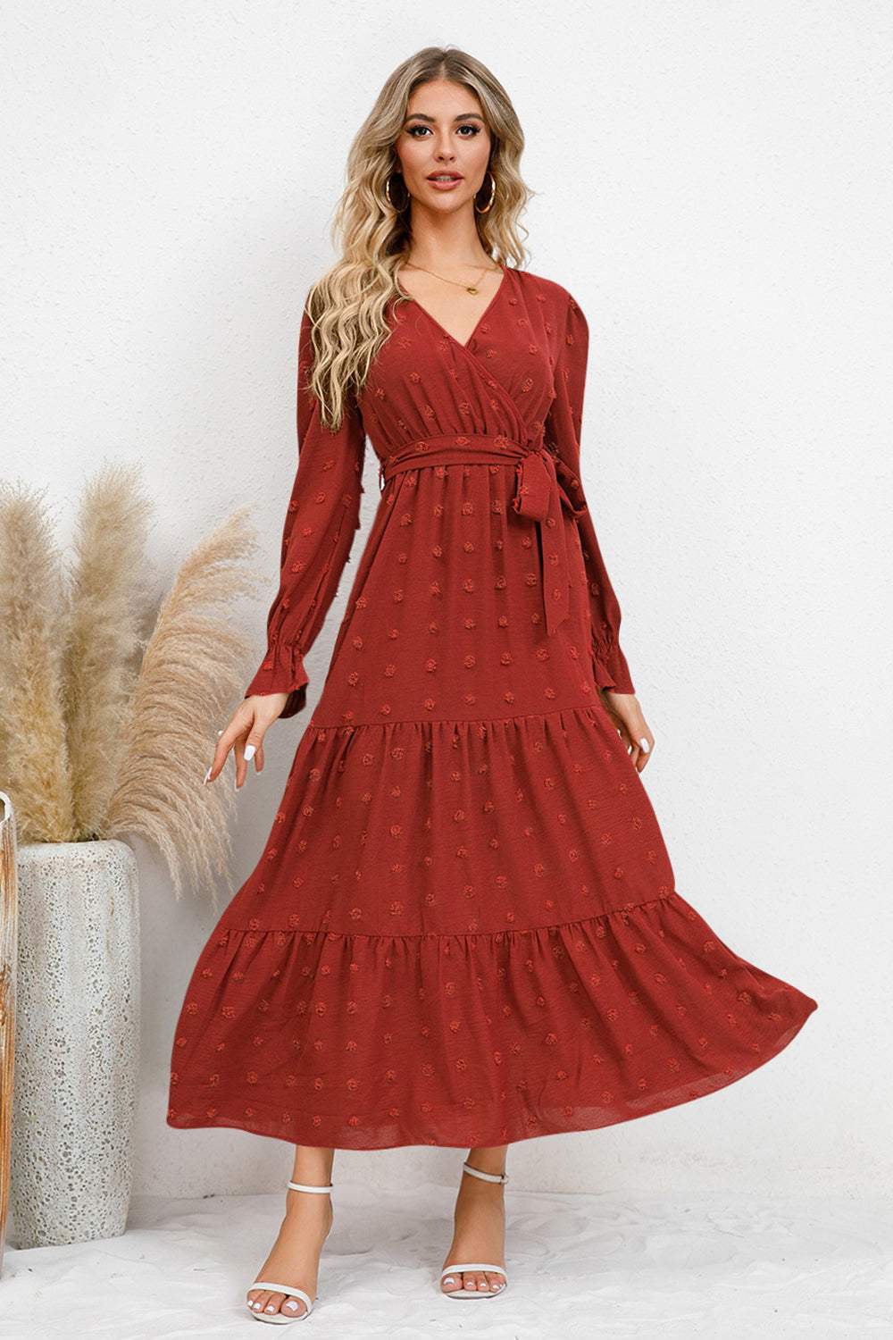 Swiss Dot Tied Surplice Flounce Sleeve Dress - Trendsi - Flyclothing LLC