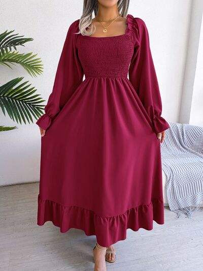 Smocked Square Neck Flounce Sleeve Dress - Trendsi - Flyclothing LLC