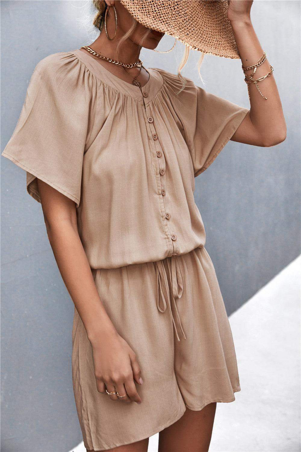 Buttoned Gather Detail Romper - Trendsi - Flyclothing LLC