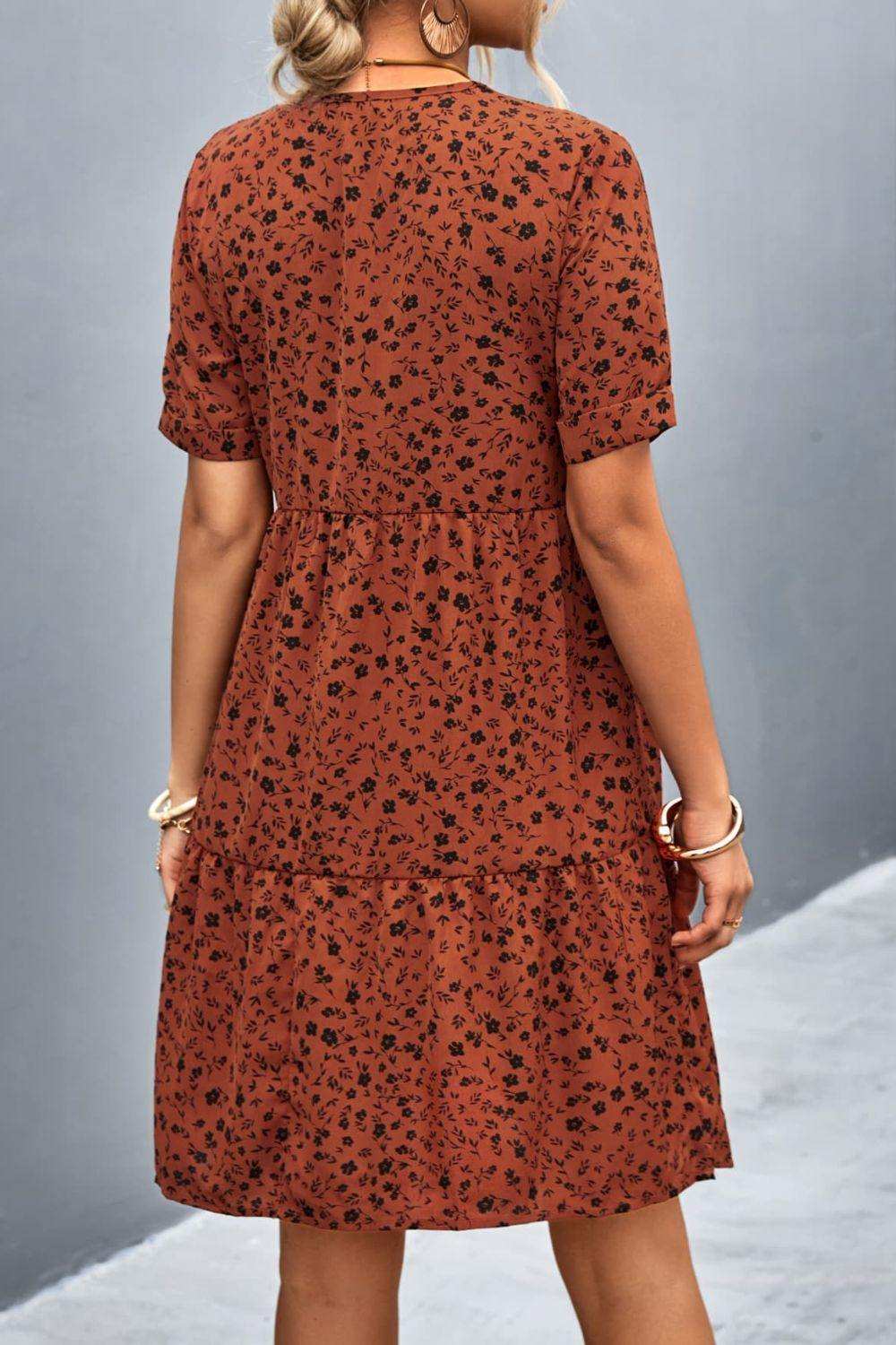 Ditsy Floral Empire Waist Plunge Short Sleeve Dress - Trendsi - Flyclothing LLC