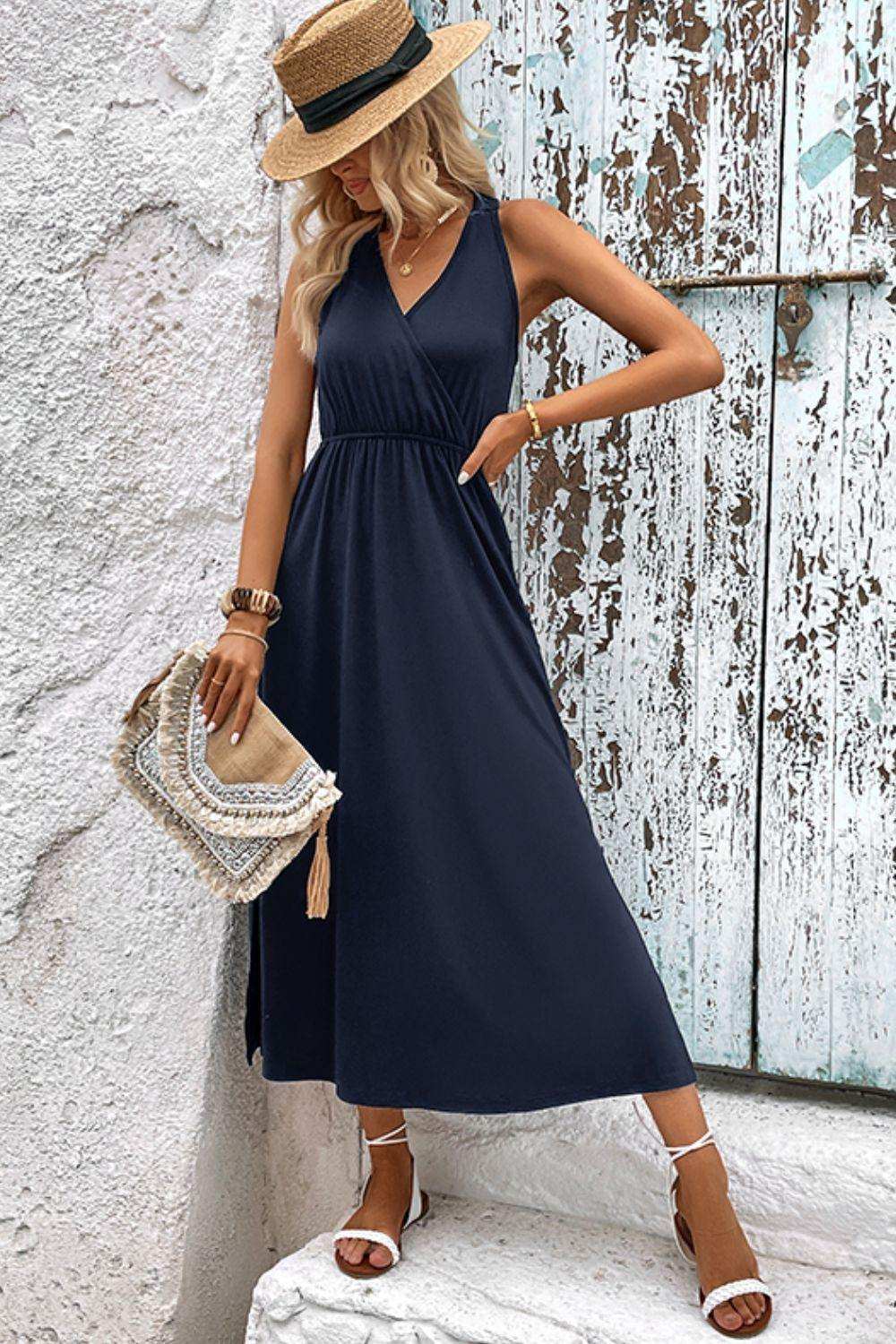 Surplice Neck Slit Sleeveless Dress - Trendsi - Flyclothing LLC