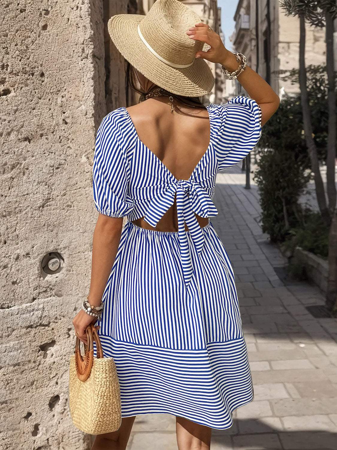 Smocked Striped Balloon Sleeve Mini Dress - Trendsi - Flyclothing LLC