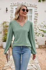 Eyelet Notched Neck Balloon Sleeve Blouse - Trendsi - Flyclothing LLC