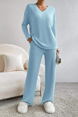 Ribbed V-Neck Top and Pants Set - Trendsi - Flyclothing LLC