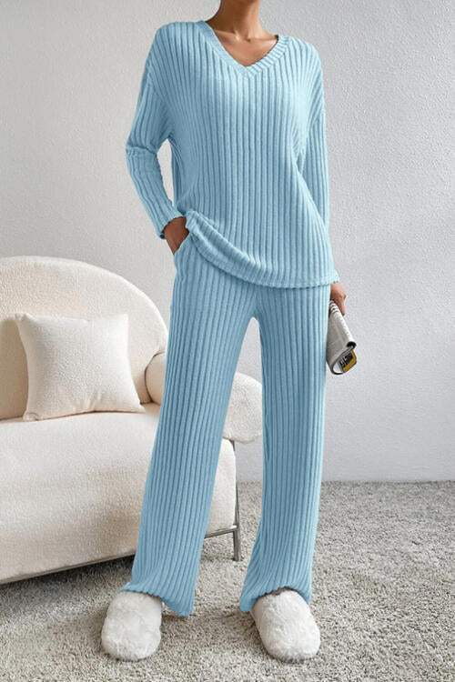 Ribbed V-Neck Top and Pants Set - Trendsi - Flyclothing LLC