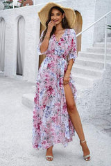 Printed Tied Half Sleeve Slit Dress - Trendsi - Flyclothing LLC
