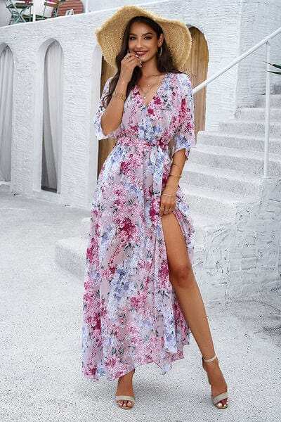 Printed Tied Half Sleeve Slit Dress - Trendsi - Flyclothing LLC