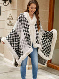 Checkered Faux Fur Trim Poncho - Trendsi