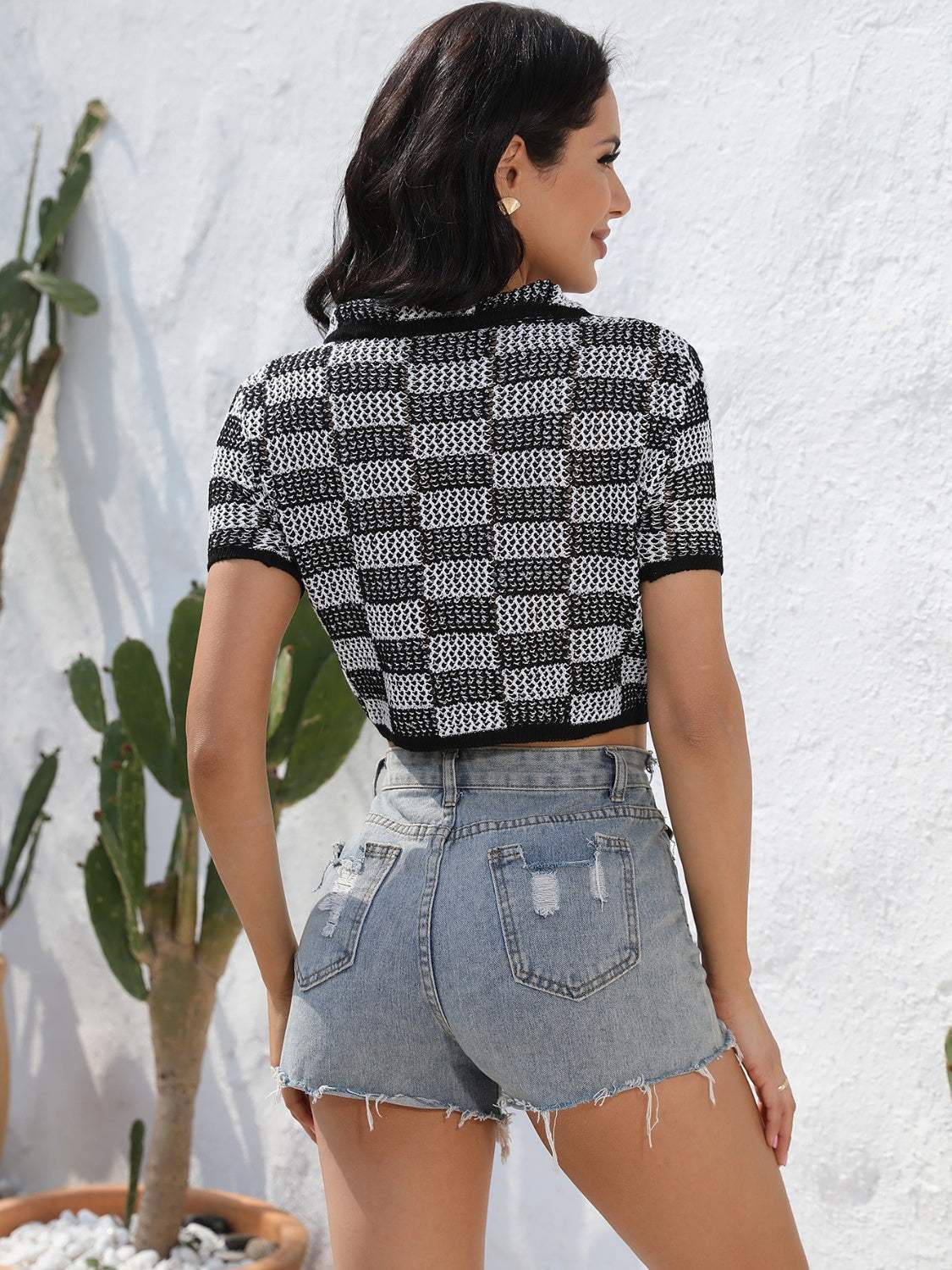 Plaid Button Up Short Sleeve Cardigan - Trendsi - Flyclothing LLC