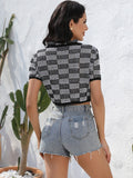Plaid Button Up Short Sleeve Cardigan - Trendsi