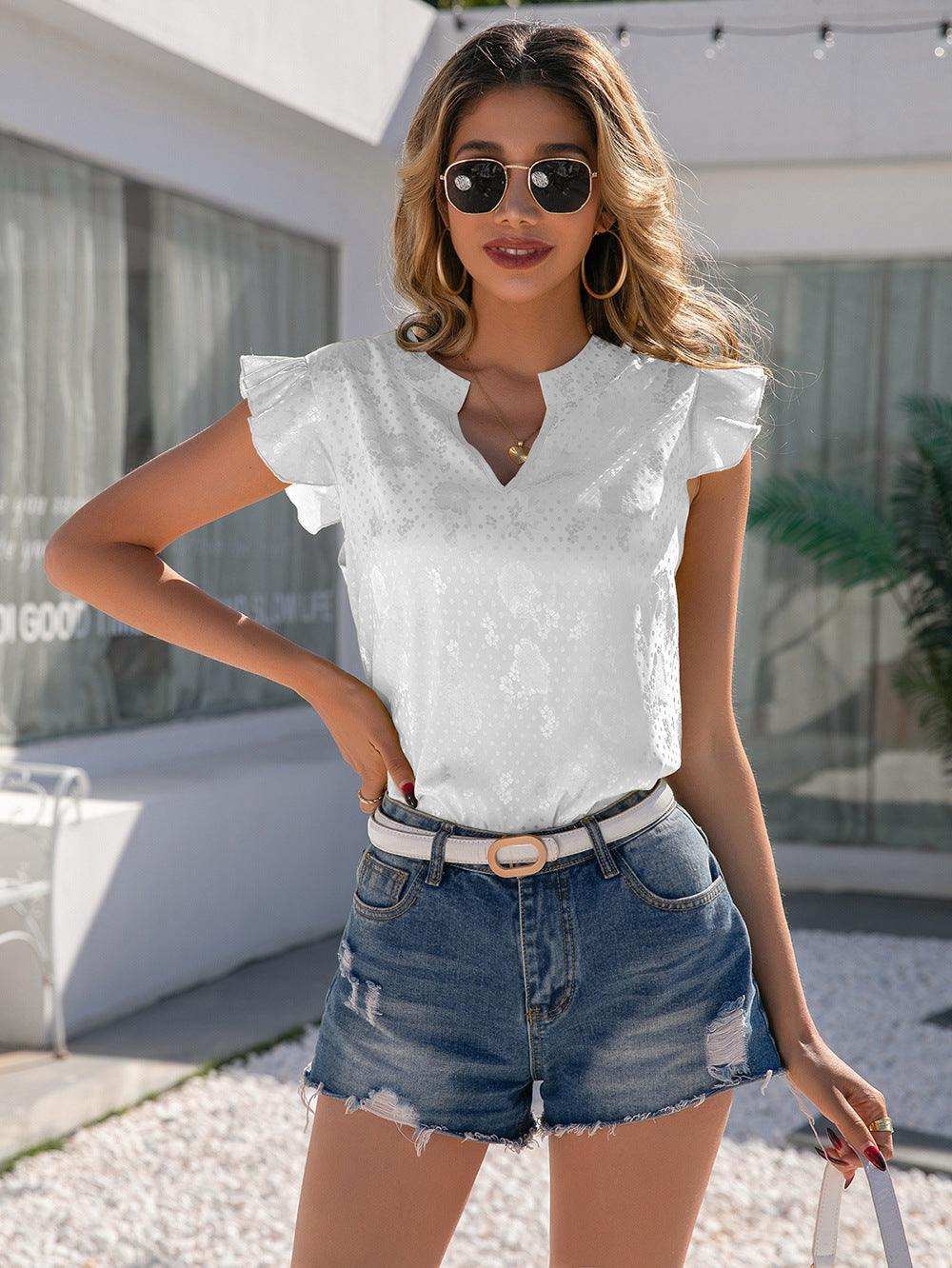 Notched Neck Butterfly Sleeve Blouse - Trendsi - Flyclothing LLC