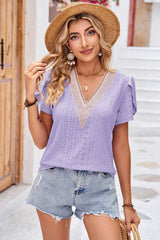 Eyelet V-Neck Petal Sleeve T-Shirt - Trendsi - Flyclothing LLC