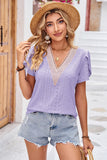 Eyelet V-Neck Petal Sleeve T-Shirt - Trendsi