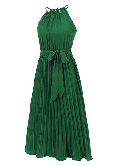 Pleated Spaghetti Strap Tie Waist Midi Dress - Trendsi - Flyclothing LLC