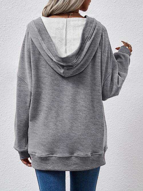 V-Neck Drop Shoulder Long Sleeve Hoodie - Trendsi - Flyclothing LLC