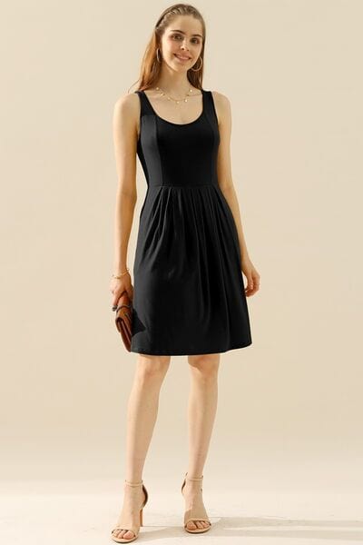 Doublju Full Size Round Neck Ruched Sleeveless Dress with Pockets - Trendsi