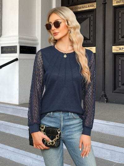 Waffle-Knit Round Neck Long Sleeve Blouse - Trendsi - Flyclothing LLC