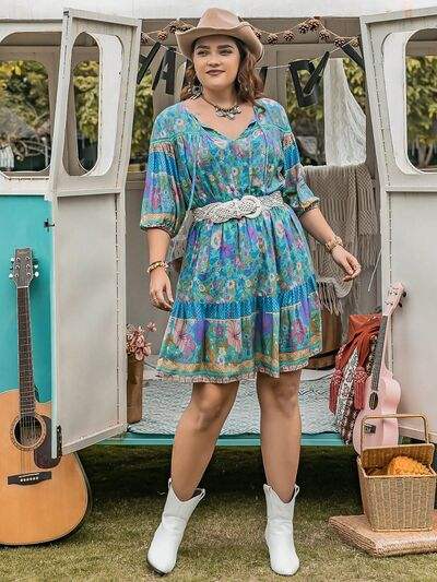Plus Size Printed Tie Neck Mini Dress - Trendsi - Flyclothing LLC