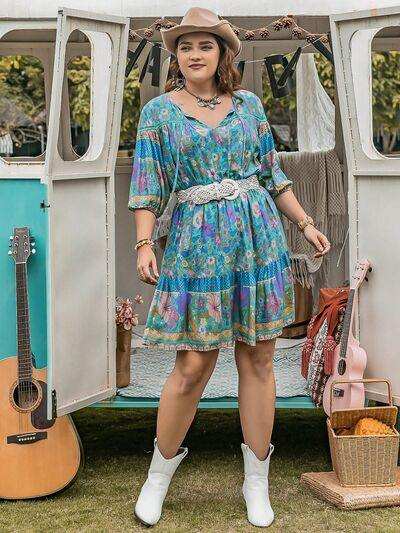 Plus Size Printed Tie Neck Mini Dress - Trendsi - Flyclothing LLC