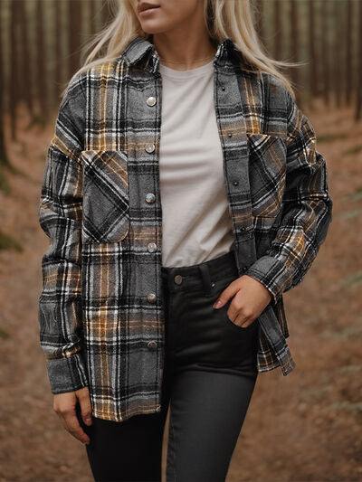 Plaid Snap Down Long Sleeve Shacket - Trendsi