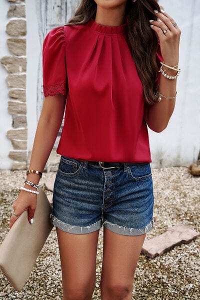 Ruched Mock Neck Short Sleeve Blouse - Trendsi - Flyclothing LLC