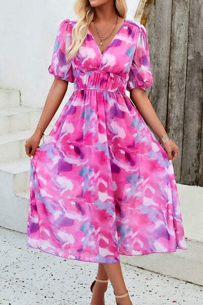 Smocked Printed V-Neck Short Sleeve Dress - Trendsi - Flyclothing LLC