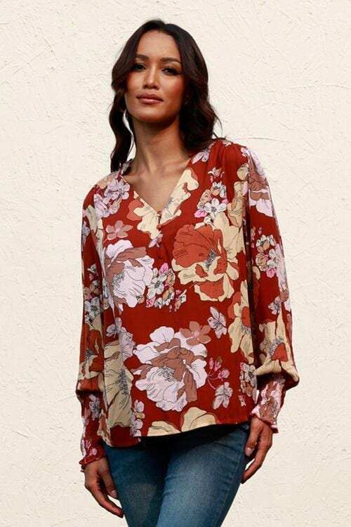 Floral V-Neck Smocked Lantern Sleeve Blouse - Trendsi - Flyclothing LLC