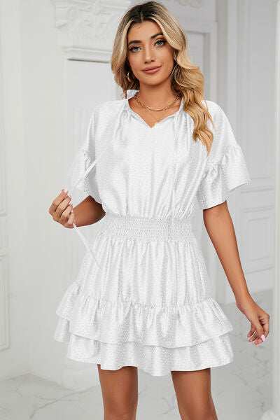 Smocked Tie Neck Flounce Sleeve Dress - Trendsi - Flyclothing LLC