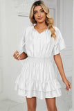 Smocked Tie Neck Flounce Sleeve Dress - Trendsi - Flyclothing LLC