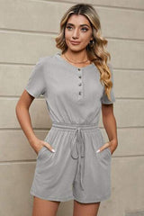 Drawstring Half Button Short Sleeve Romper - Trendsi - Flyclothing LLC