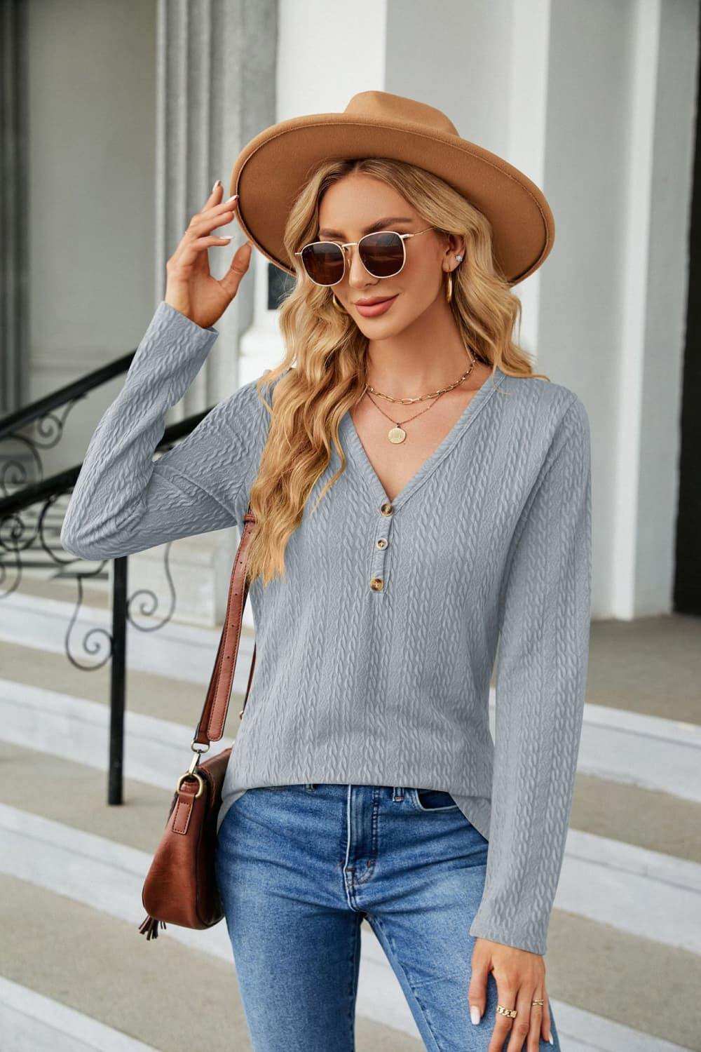 Cable-Knit Long Sleeve V-Neck T-Shirt - Trendsi - Flyclothing LLC