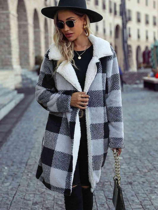 Plaid Open Front Coat with Pockets - Trendsi
