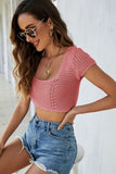 Lace-Up Openwork Square Neck Sweater - Trendsi