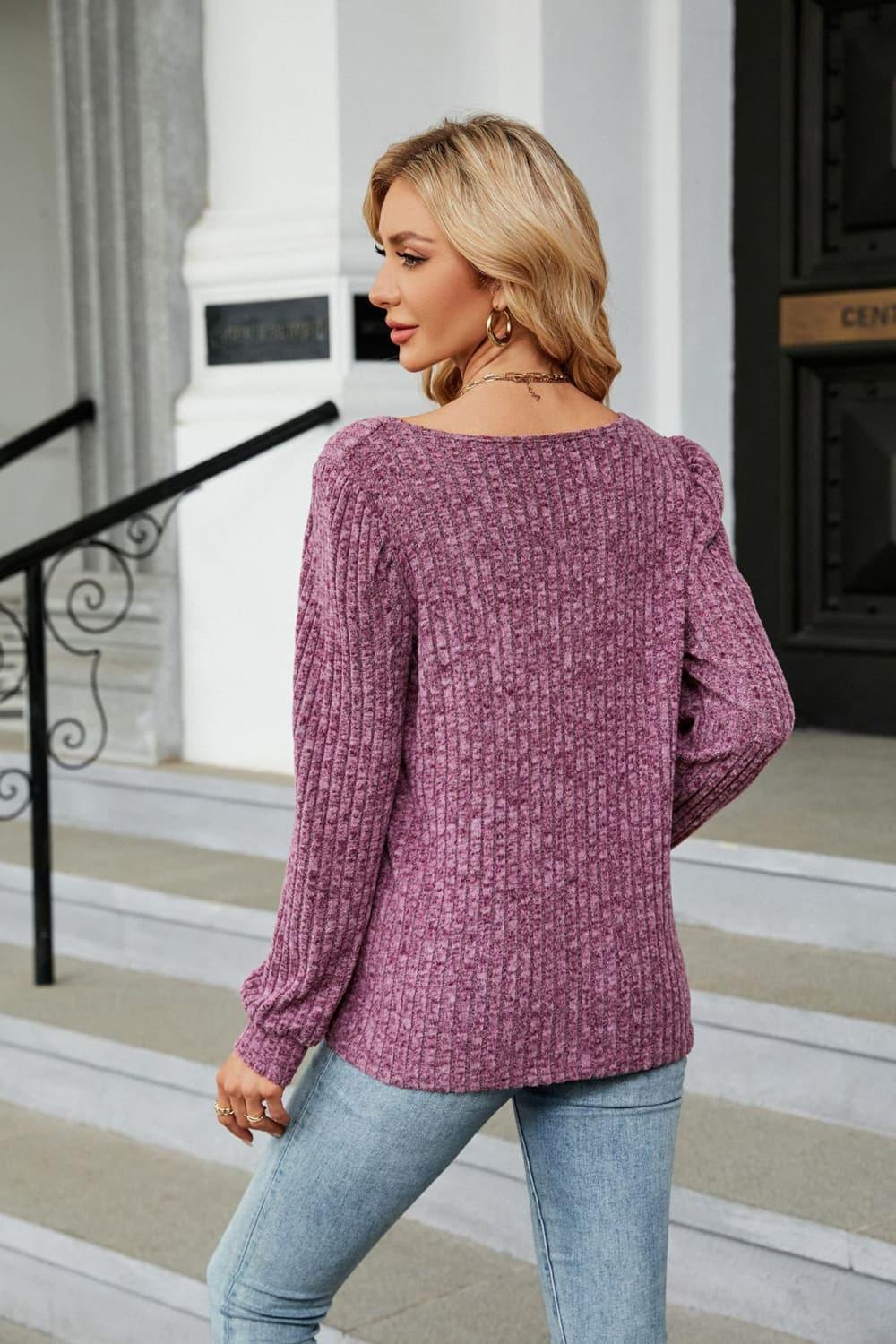 Ribbed Square Neck Long Sleeve T-Shirt - Trendsi