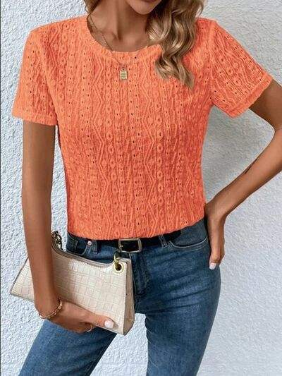Eyelet Round Neck Short Sleeve T-Shirt - Trendsi - Flyclothing LLC