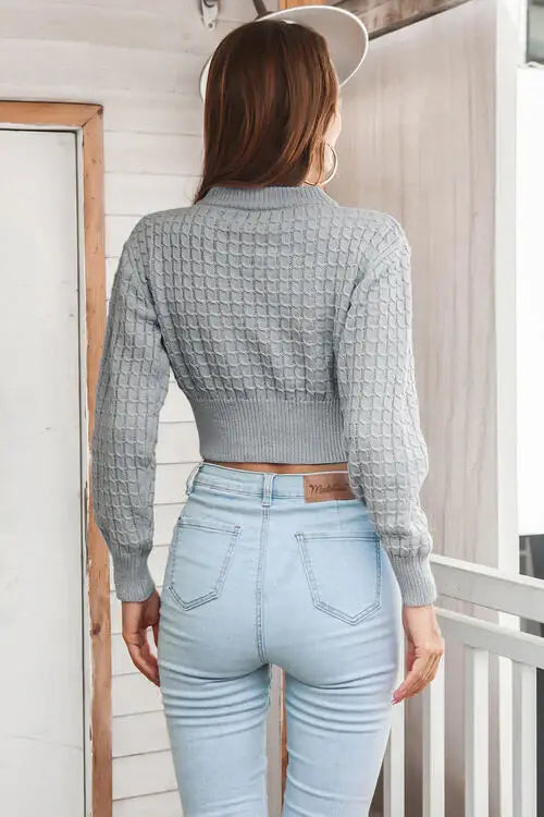 Round Neck Long Sleeve Cropped Sweater - Trendsi - Flyclothing LLC