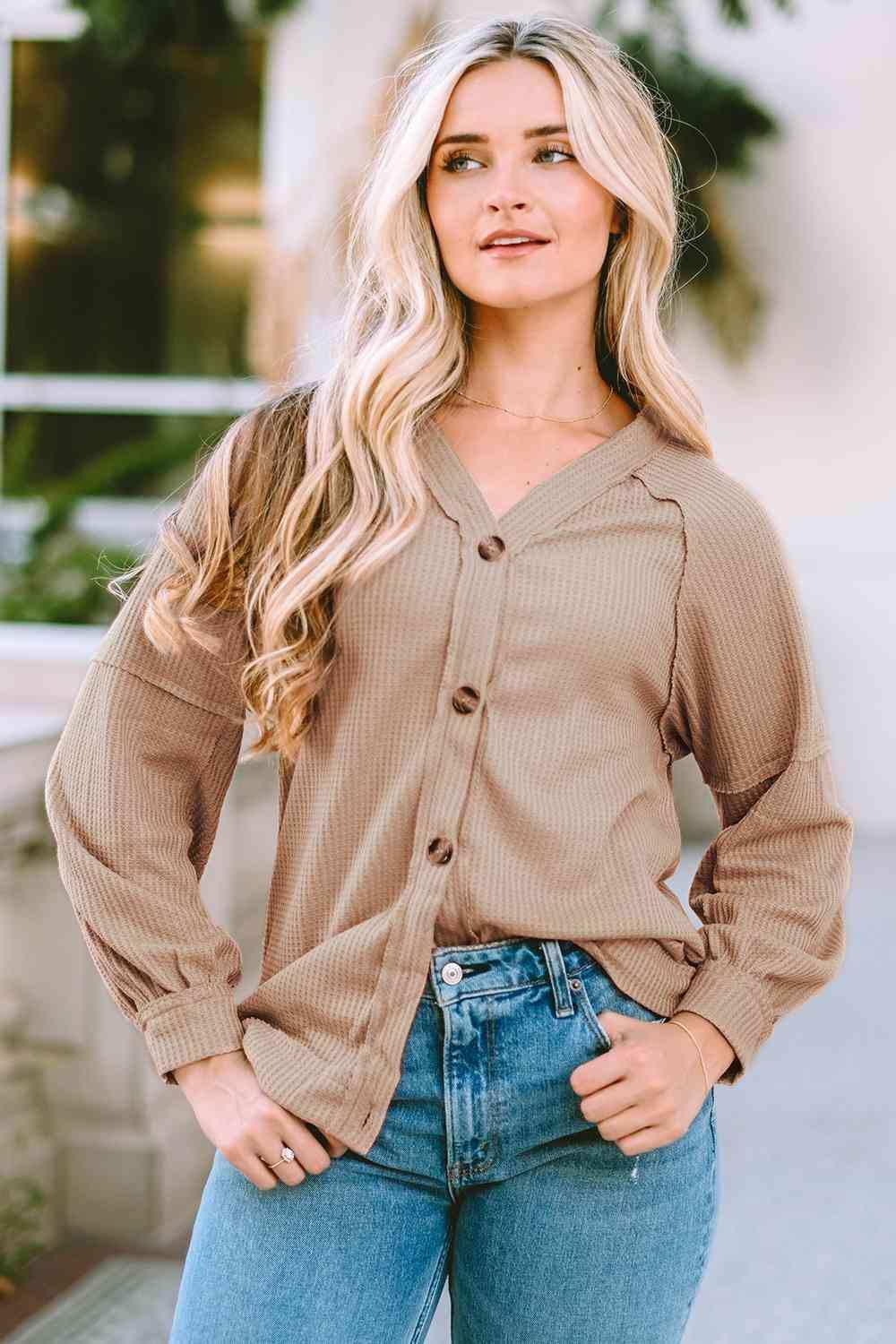 Button Down V-Neck Waffle Knit Shirt - Trendsi - Flyclothing LLC