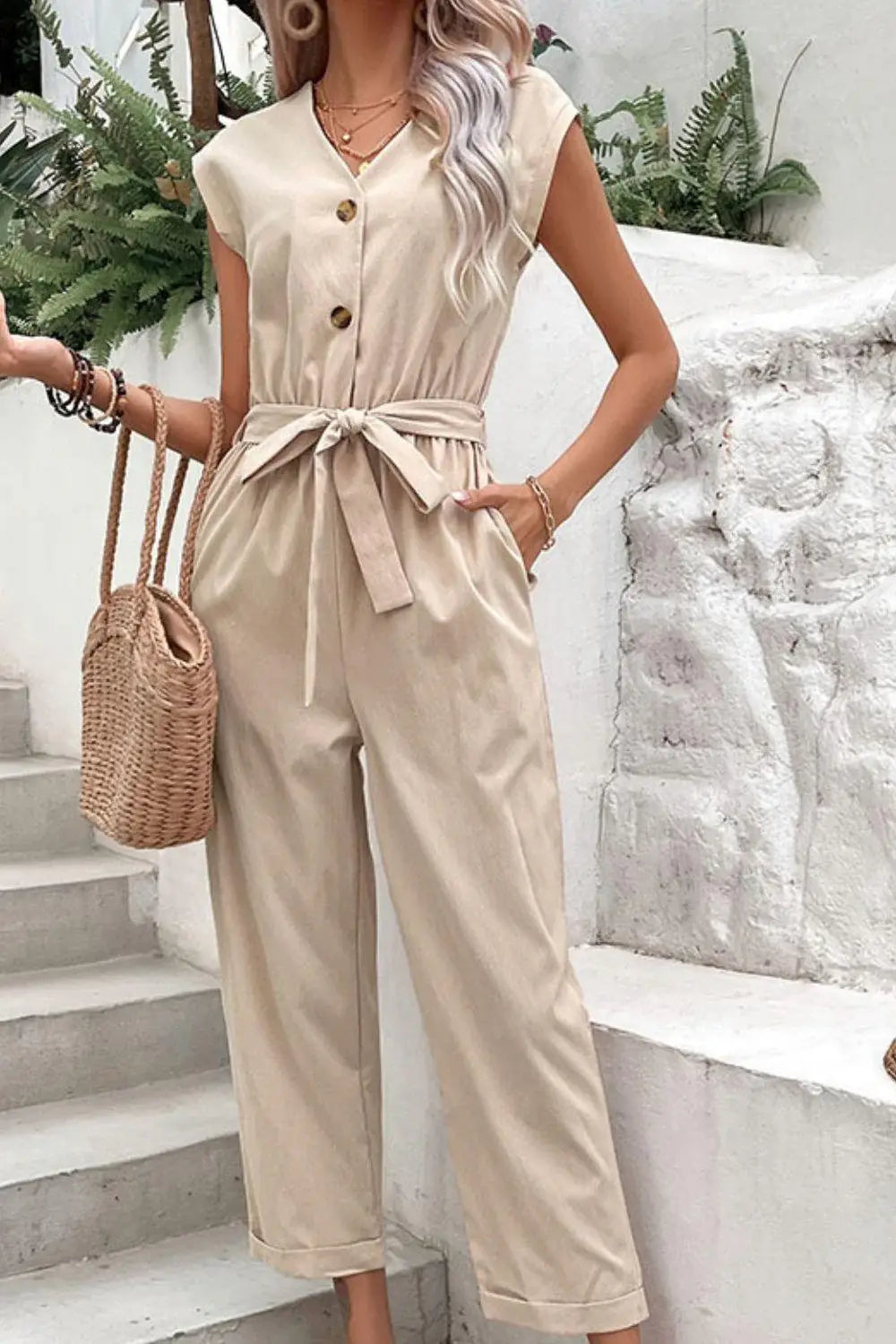 Capped Sleeve Belted V-Neck Jumpsuit - Trendsi - Flyclothing LLC