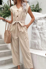 Capped Sleeve Belted V-Neck Jumpsuit - Trendsi - Flyclothing LLC