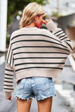 Striped Round Neck Drop Shoulder Slit Sweater - Trendsi - Flyclothing LLC