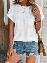 Eyelet Round Neck Short Sleeve T-Shirt - Trendsi - Flyclothing LLC