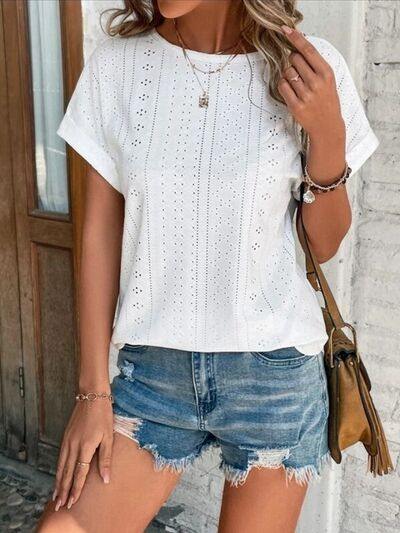 Eyelet Round Neck Short Sleeve T-Shirt - Trendsi