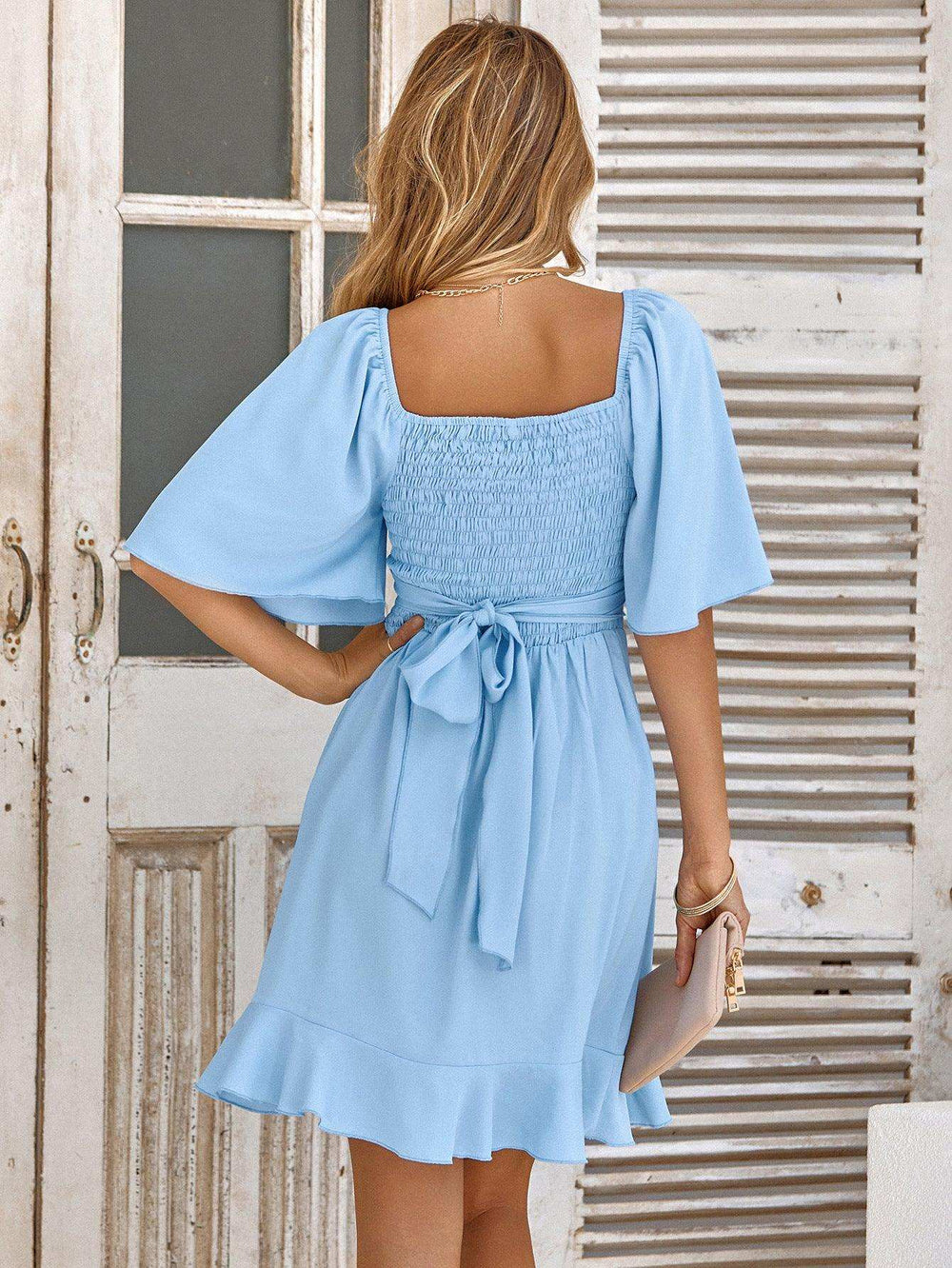 Smocked Tie Back Ruffle Hem Dress - Trendsi - Flyclothing LLC